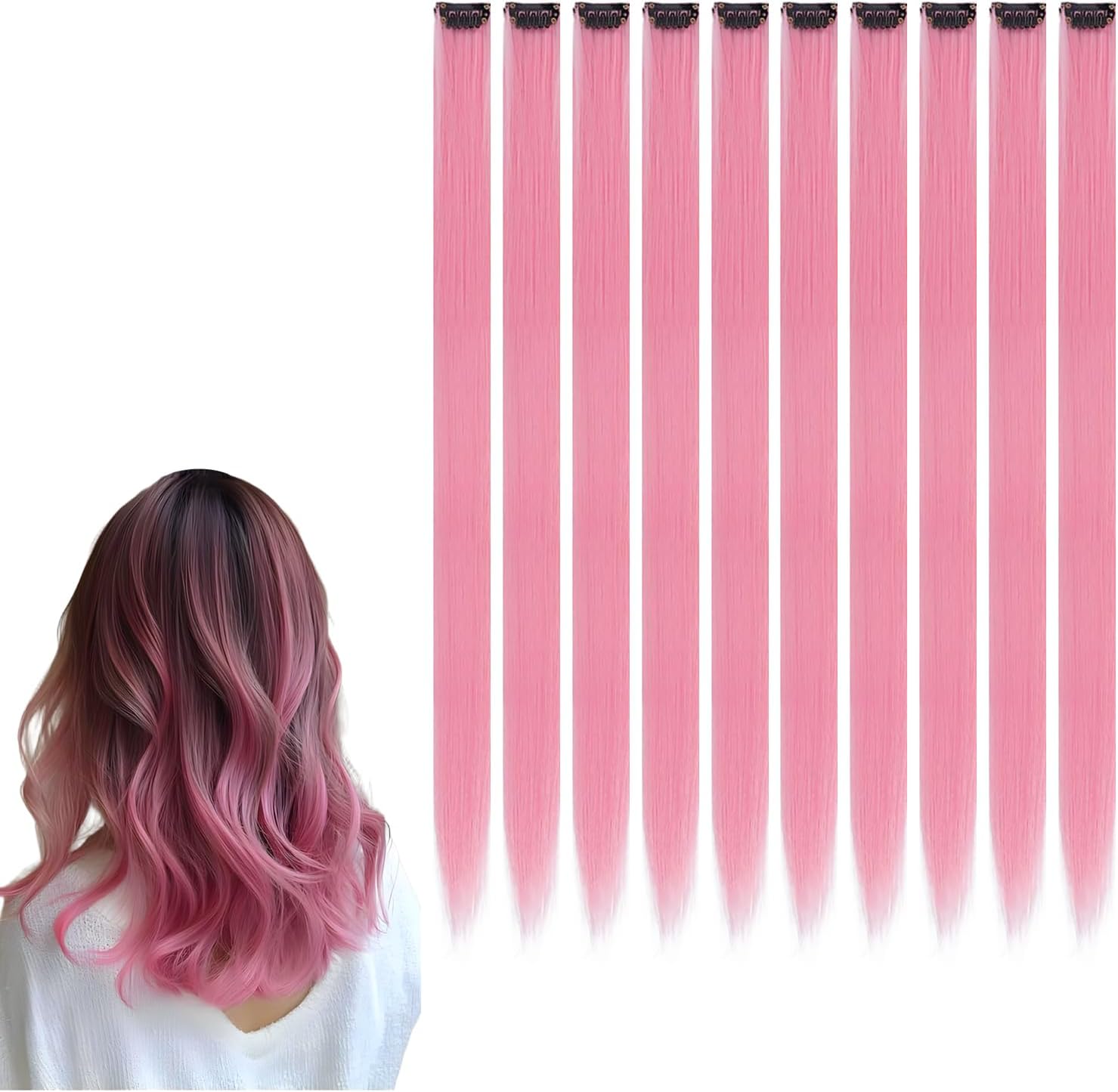 Extensions cheveux - 22 pouces - mèches colorées à clip, rose, lot de 10