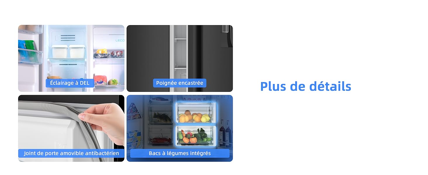 Collage de caractéristiques du réfrigérateur : portes ouvertes montrant des étagères organisées, panneau d'affichage numérique et commandes de température ajustables à la main.