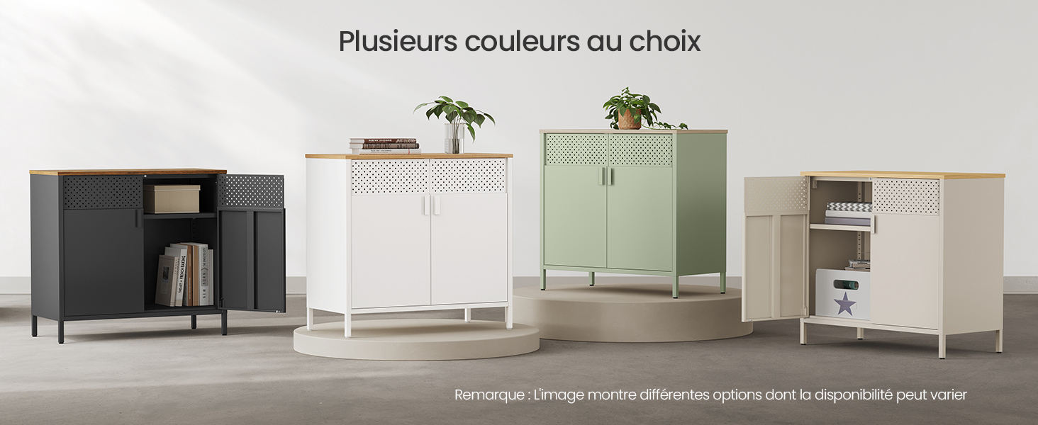 Ensemble d'armoires de rangement de différentes couleurs, dont le noir, le blanc et le vert clair, avec des portes grillagées et des décorations végétales sur le dessus.