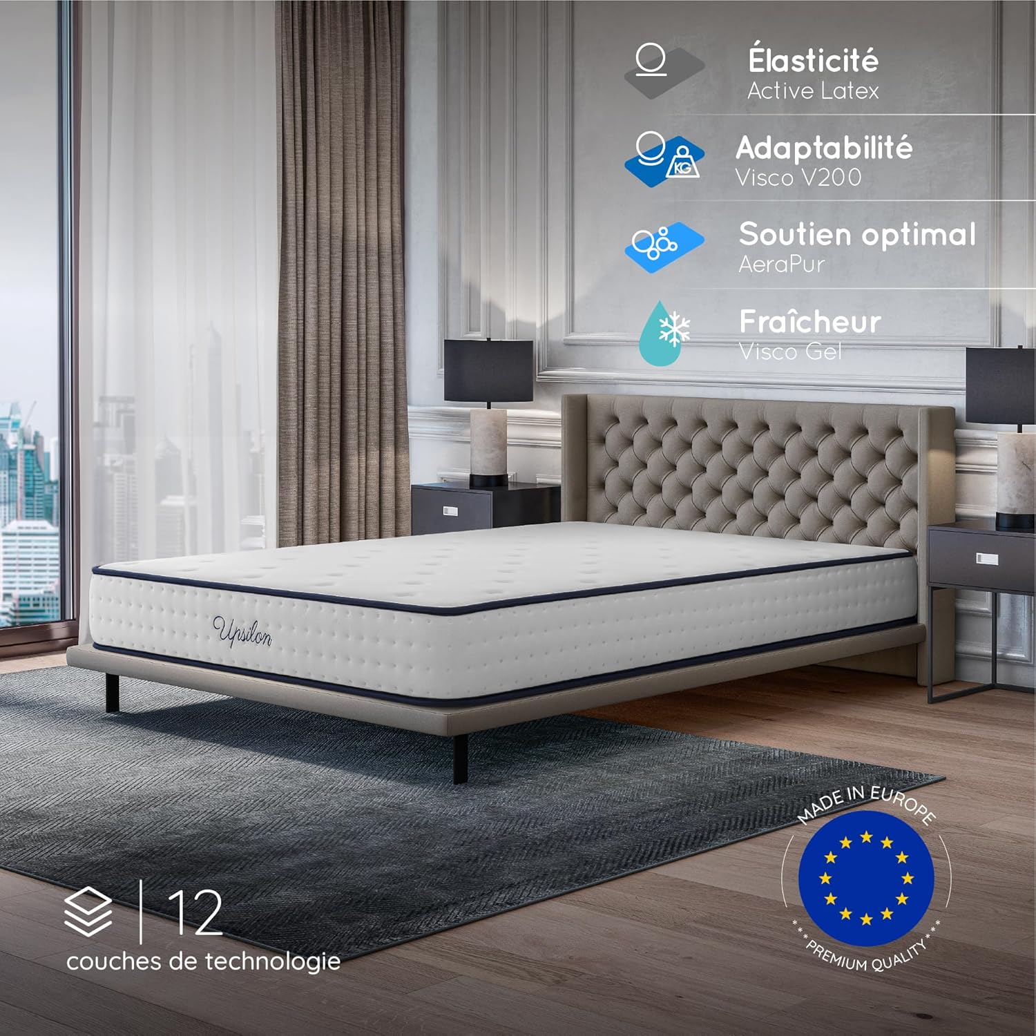 COSMOS - Upsilon - 90x190 cm - Mémoire de forme, latex, HR, 7 zones