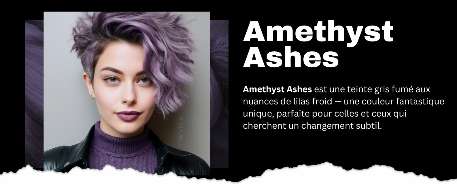 mettant en valeur une couleur de cheveux violette éclatante. Le modèle présente des cheveux courts et coiffés avec des tons lilas et gris. Le texte « Amethyst Ashes