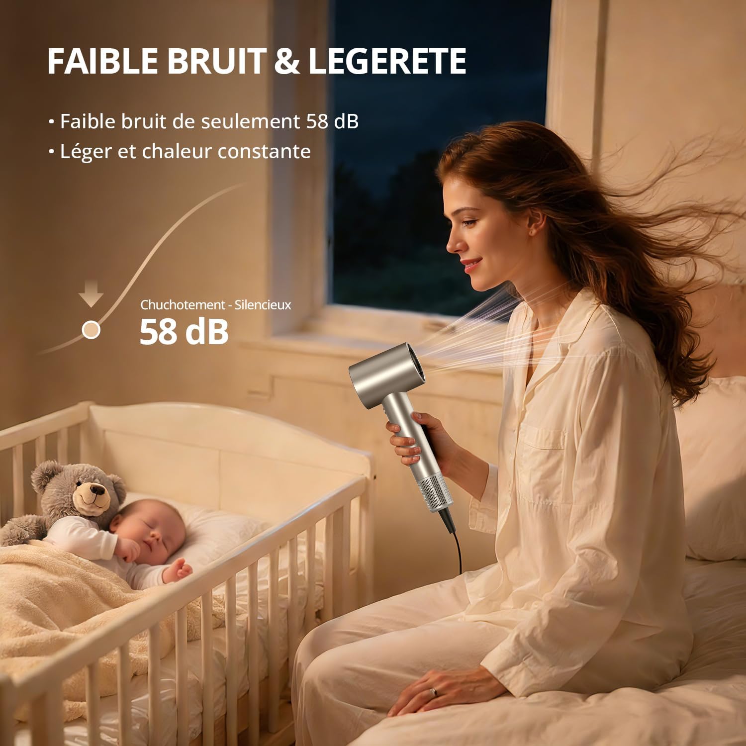 Sèche-cheveux ionique - Pro 180000 RPM - léger, compact, 4 températures, protection surchauffe