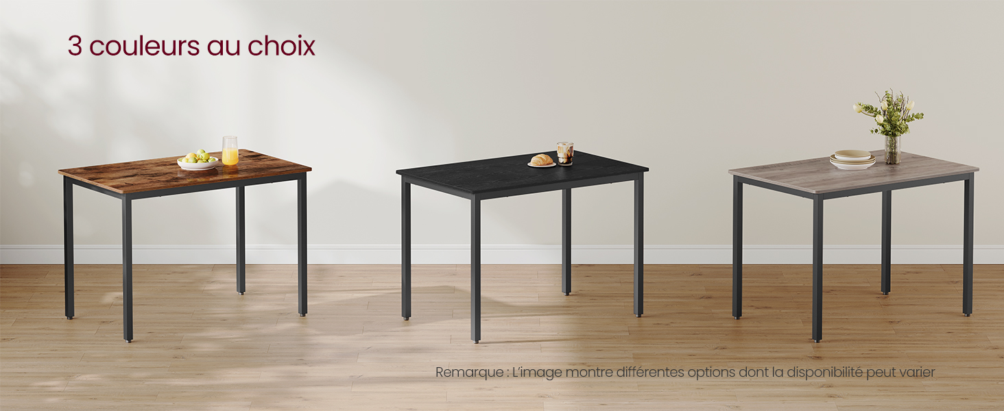 Trois tables de salle à manger rectangulaires avec des cadres en métal de différentes couleurs : plateau en bois brun, plateau noir et plateau en bois clair.