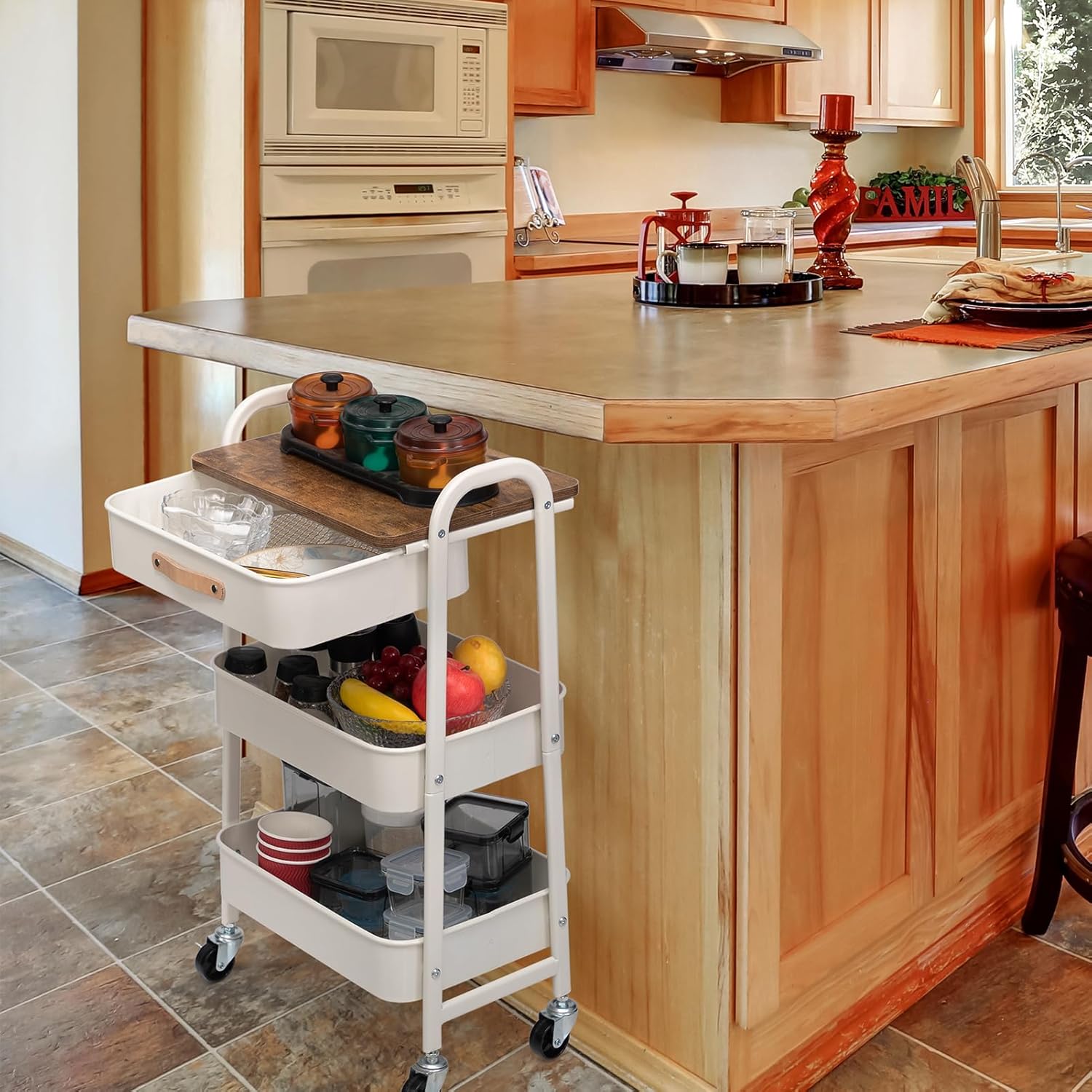 DOEWORKS - chariot de rangement 3 niveaux métal, tiroir, blanc