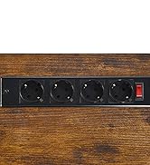 Multiprise noire avec quatre prises électriques de style européen et un interrupteur rouge, montée sur une surface en bois. La bande présente un design rectangulaire élégant.