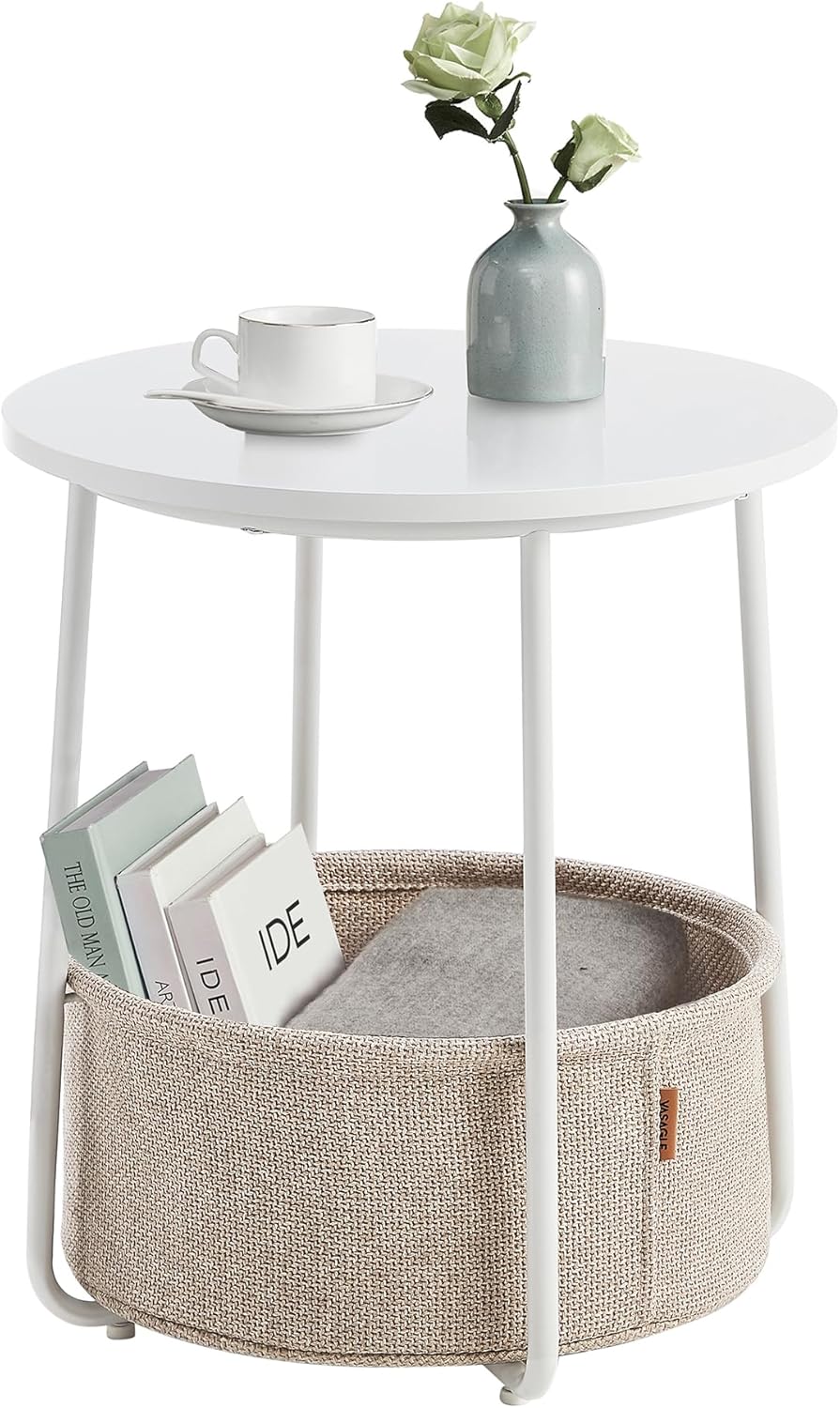 VASAGLE - Table basse ronde LET223W10 - compacte, panier tissu, blanc mat, marron, moderne, salon/chambre