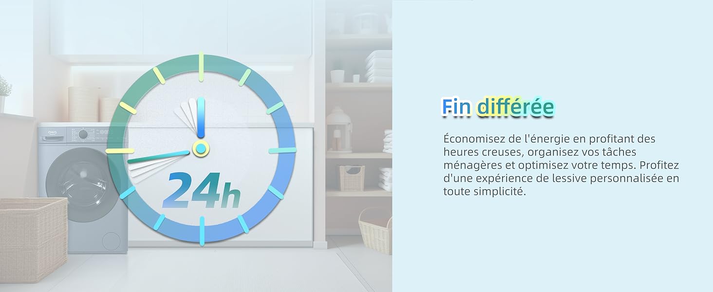 Schéma circulaire montrant un cycle de 24 heures avec des segments colorés. La flèche bleue indique 11 h 55. Appareils de cuisine flous en arrière-plan. Le texte « Fin différée » est visible.