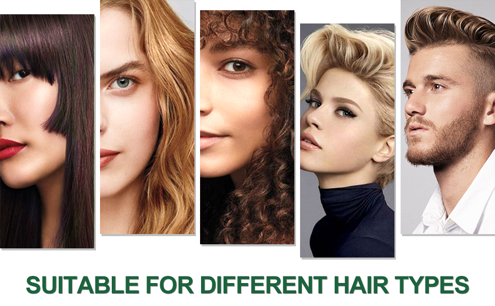 Cinq images rapprochées de différentes coiffures et types de cheveux, y compris des styles raides, ondulés et bouclés