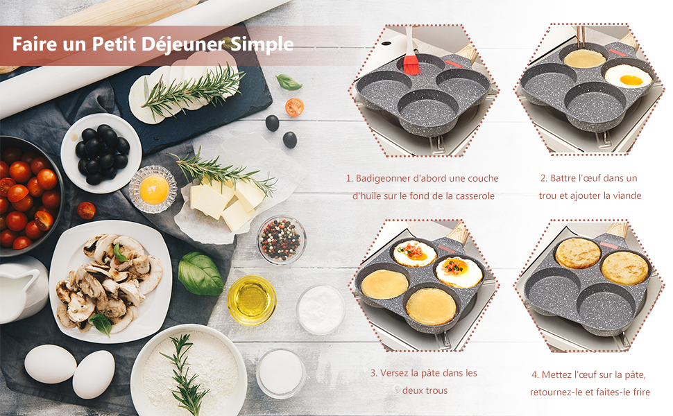 comprenant une casserole à plusieurs compartiments pour la cuisson des œufs et d'autres aliments, avec les ingrédients et les étapes à suivre pour préparer un petit-déjeuner simple