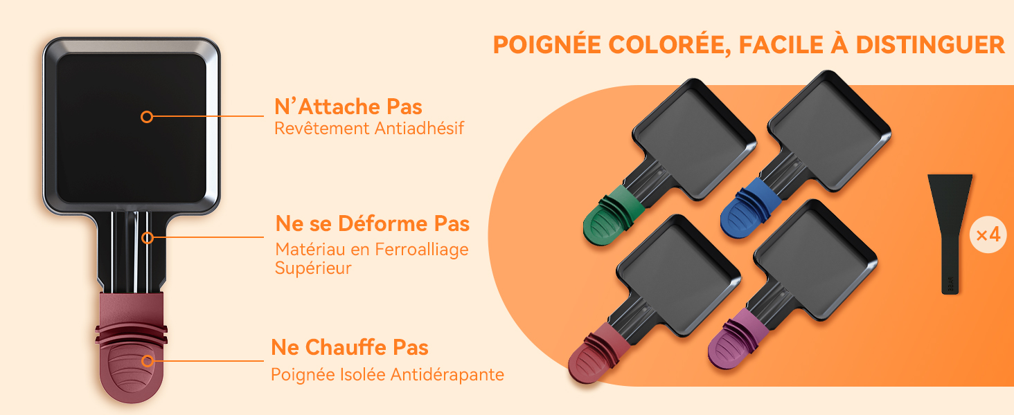 avec poignées colorées. Plusieurs options de couleurs sont affichées. Les caractéristiques comprennent des plaques indéformables, une technologie Cool-Touch et des poignées colorées faciles à distinguer