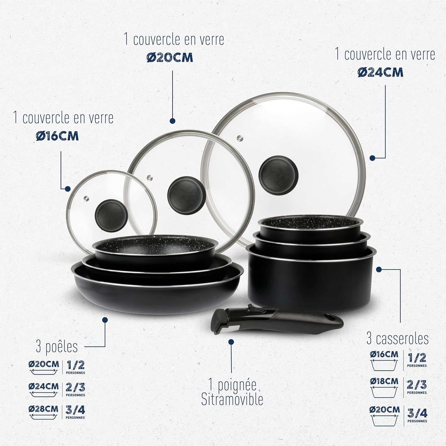 Sitram - Batterie de cuisine 10 pièces, aluminium, induction, manche amovible - 713499