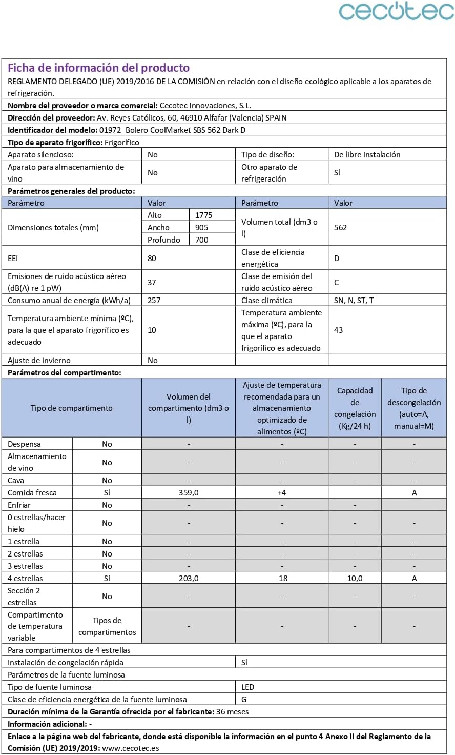 Cecotec - Bolero CoolMarket SBS 562 - 562L - No Frost, LED, porte réversible, mode vacances, inverter - SBS 562