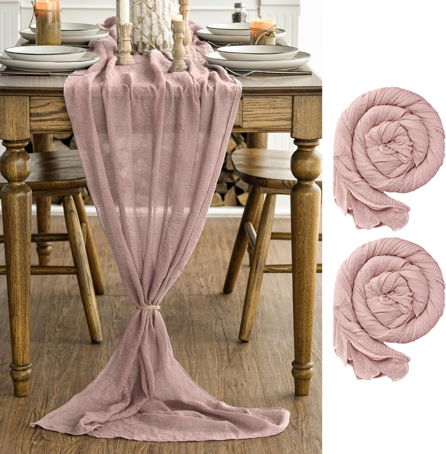 Artoid Mode - Lot de 2 chemins de table - 300 cm - mousseline boho rose poussiéreux