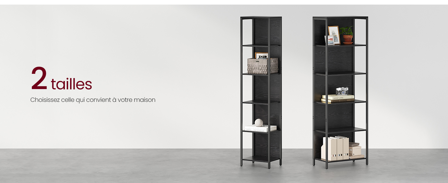 Deux hautes étagères en métal noir avec plusieurs compartiments ouverts pour le rangement et la présentation. Le texte « 2 tailles » est visible.