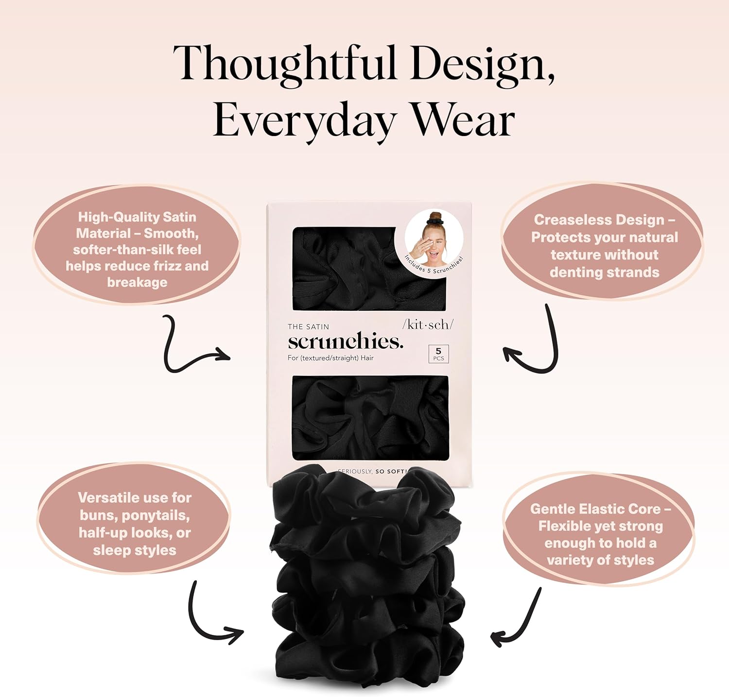 Kitsch - Chouchous en soie, lot de 5 - tailles standard - satin noir, élastiques sans trace, cheveux jour/nuit