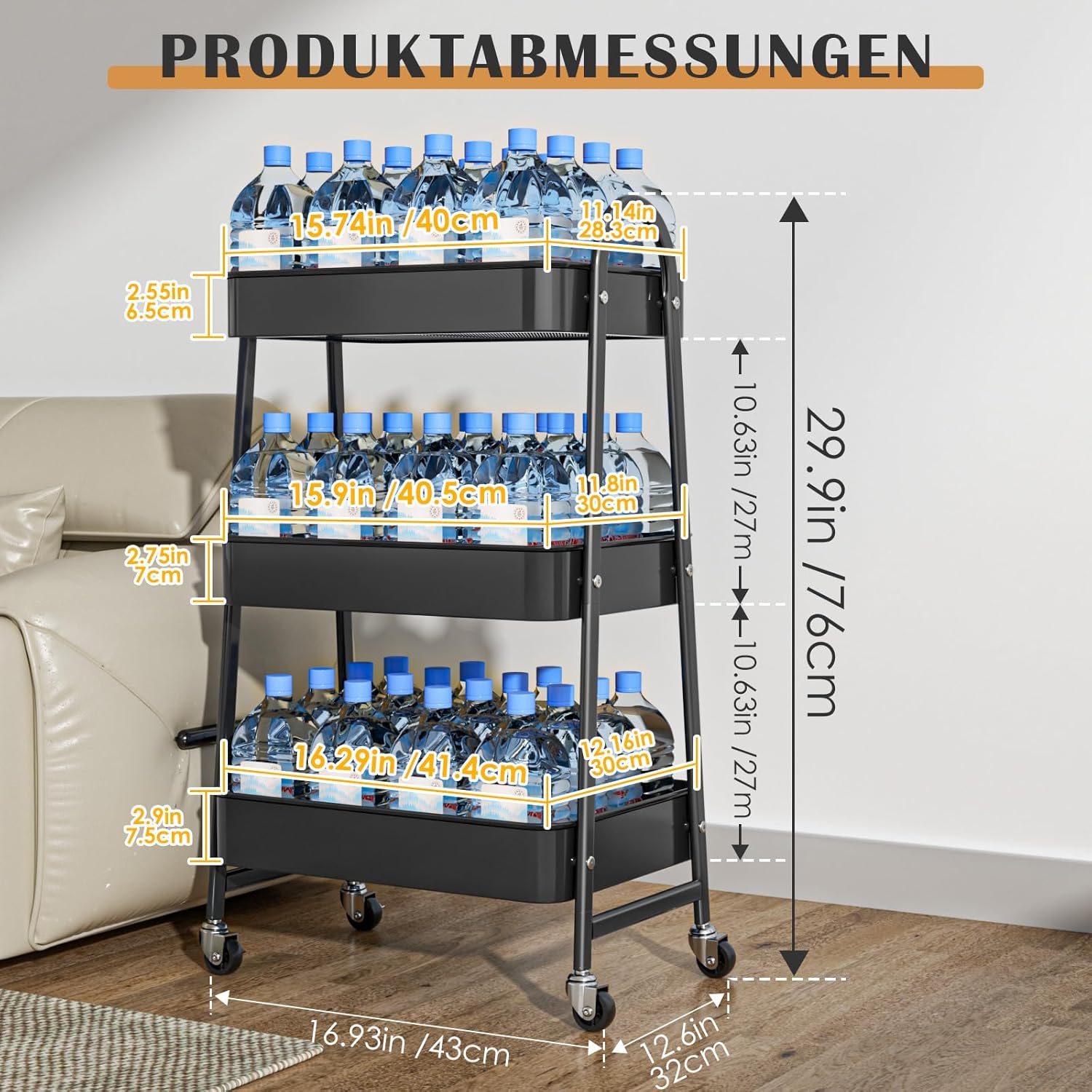 Chariot de cuisine 3 niveaux - noir - roulettes verrouillables, rangement multi-usages