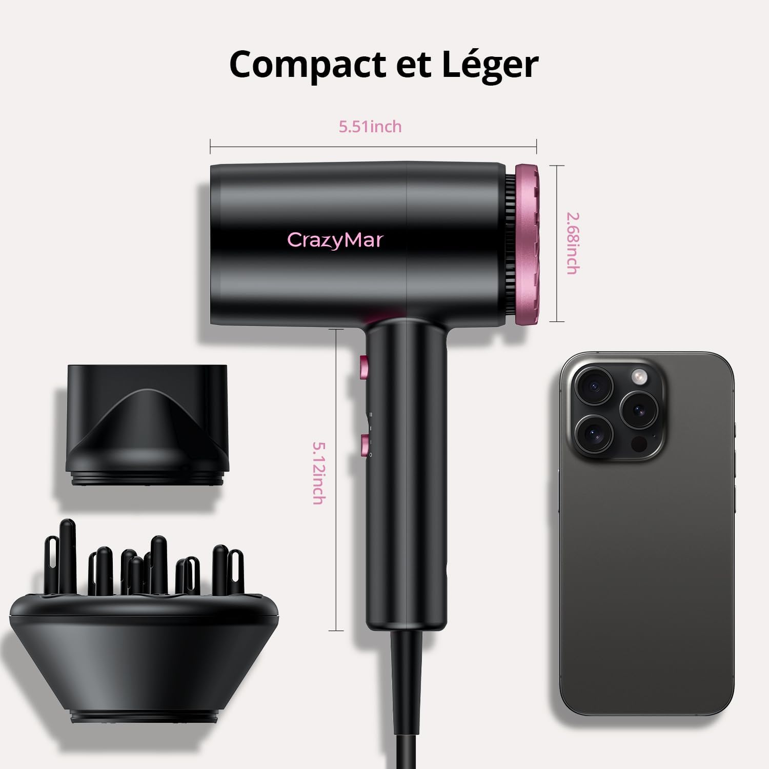 Sèche-cheveux professionnel - compact, léger, 3 vitesses, 350M ions