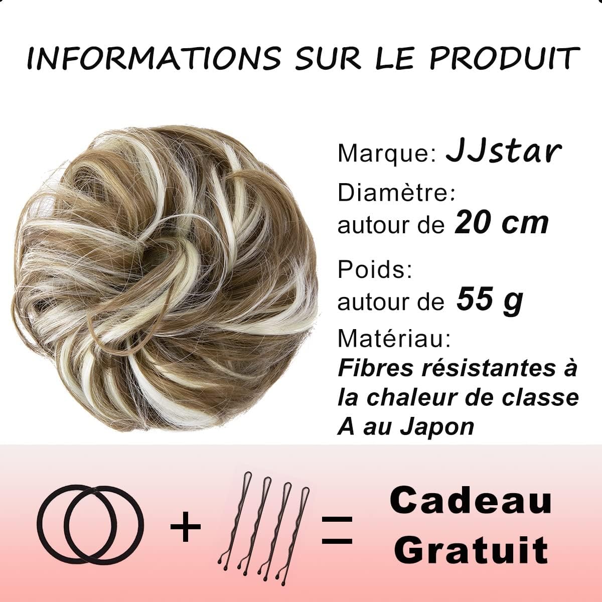 JJstar - Chignon postiche bouclé, élastique, cheveux naturels, brun blond