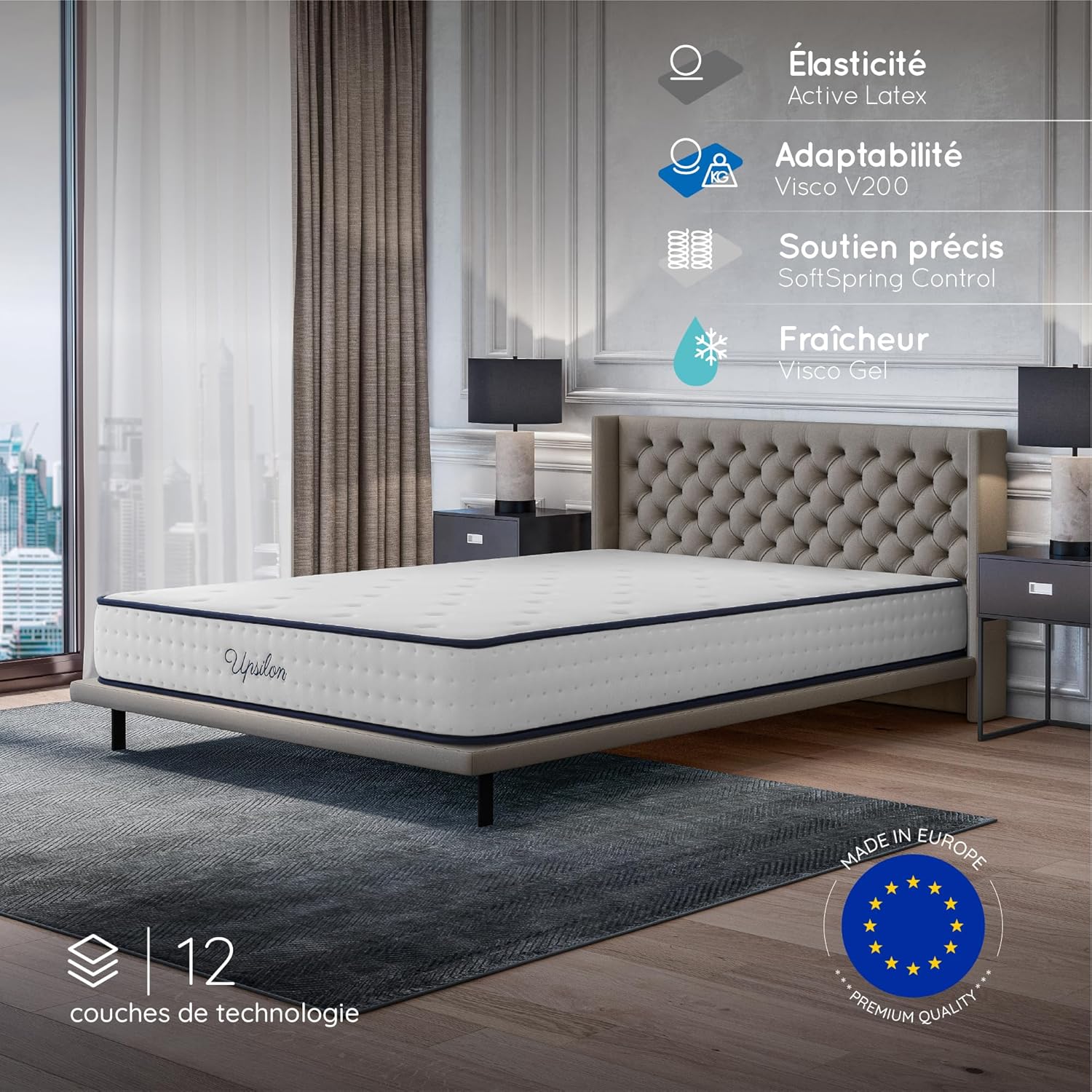 COSMOS - Upsilon - 160x200 cm - matelas hybride, ressorts, mémoire de forme, 24 cm, confort mi-ferme