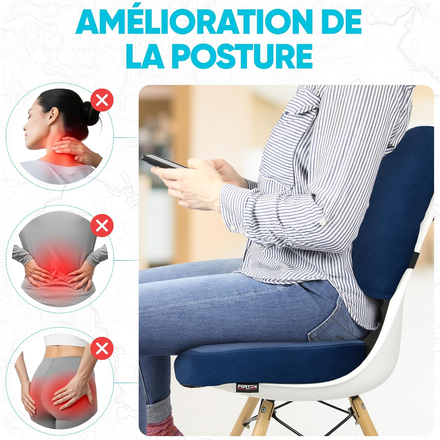 FORTEM - coussin lombaire/assise mémoire de forme - antidérapant - soutien dos et confort chaise/auto