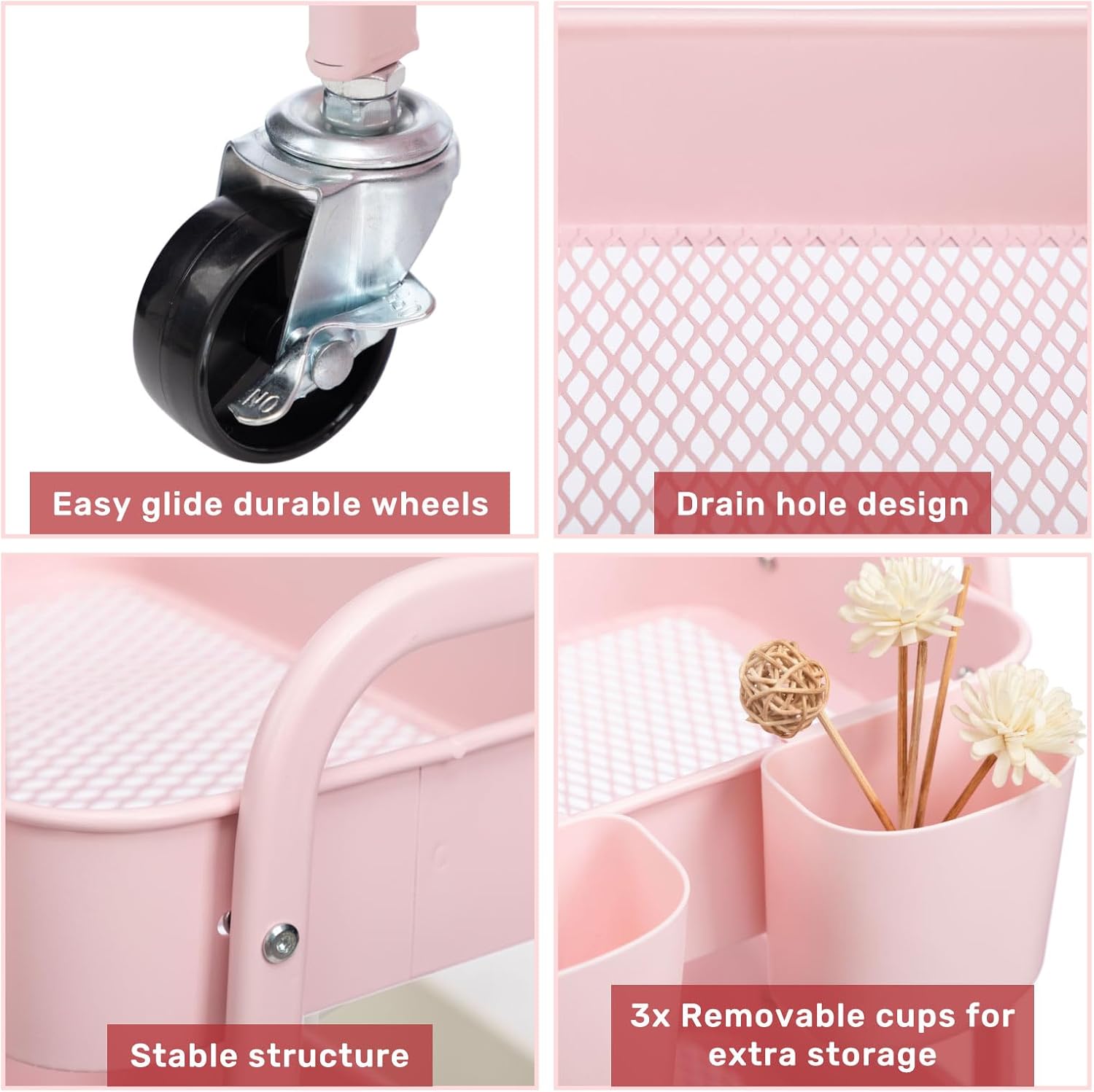 DOEWORKS - Chariot 3 niveaux métal, roulettes, cuisine/bureau, rose