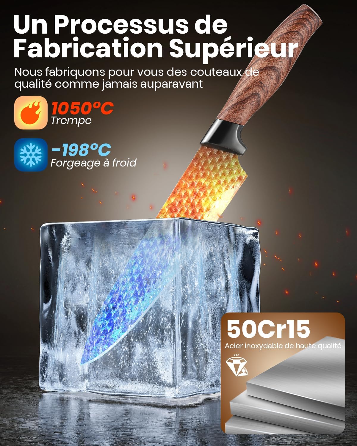 Set couteaux cuisine - 7 pièces, inox, manches ergonomiques, avec bloc