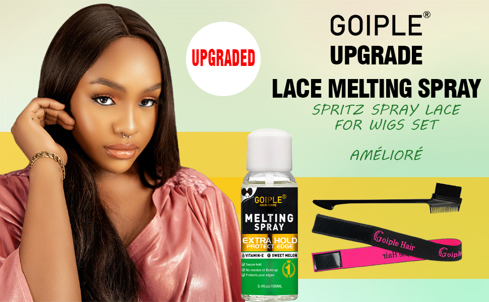 GOIPLE Upgrade Lace Melting Spray pour perruques, comprenant un vaporisateur, un pinceau et d'autres accessoires. Les avantages du produit et le texte « AMÉLIORÉ » sont affichés bien en évidence