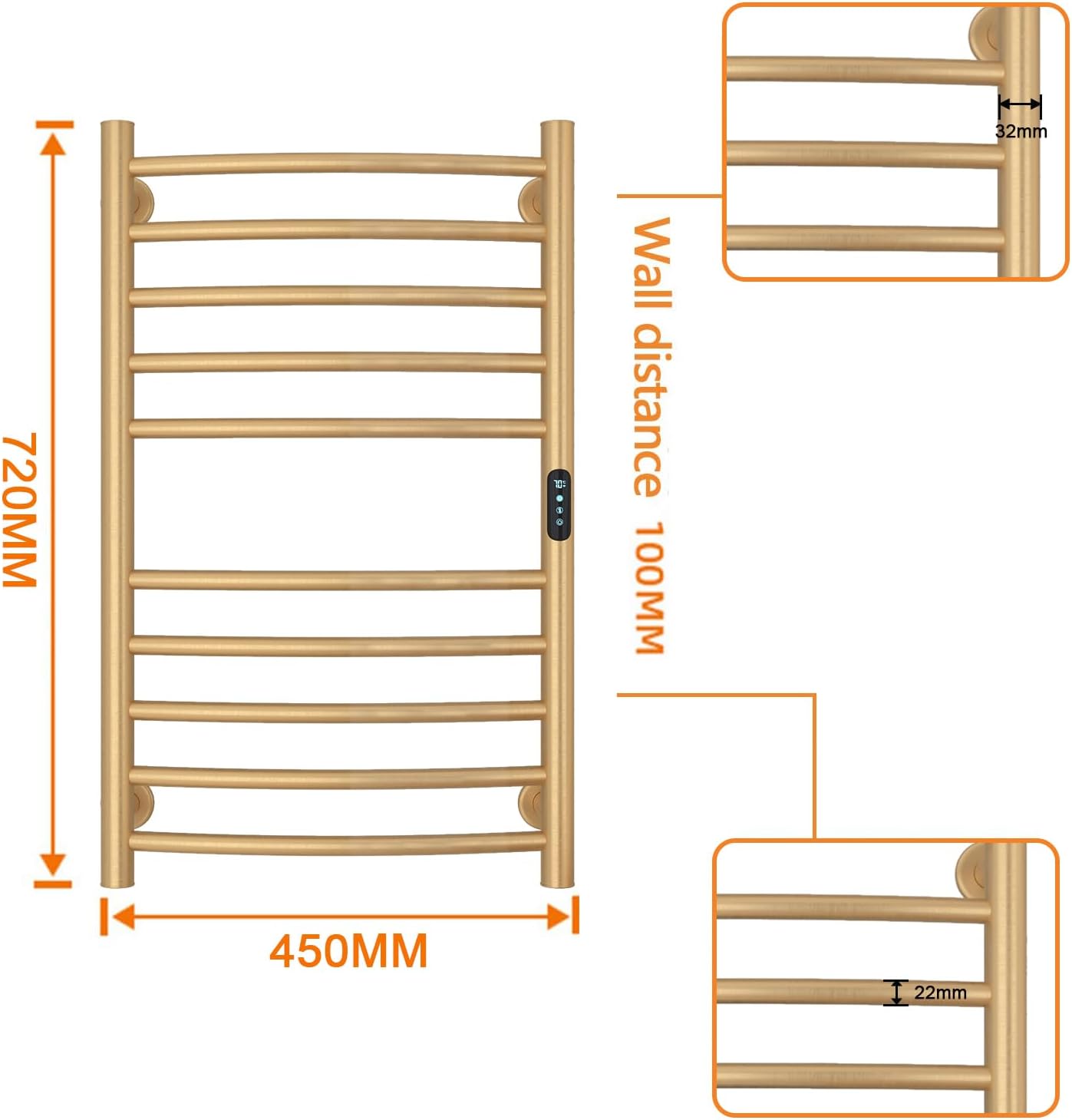 Sèche-serviette mural électrique, 10 barres, 135W, 450x720mm, WiFi, minuterie, or brossé