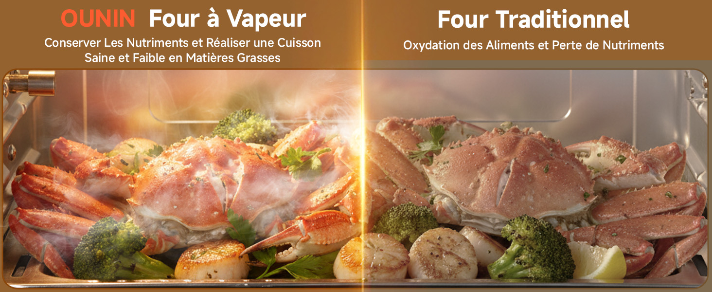 Le texte indique « Four à Vapeur » et « Four Traditionnel ». Comparaison des préparations alimentaires montrant côte à côte des plats de viande cuits selon différentes méthodes de cuisson.