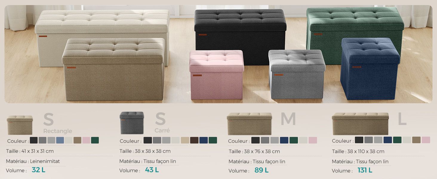 Collection de boîtes de rangement ou d'organisateurs de différentes tailles et couleurs, y compris le rose, le noir, le vert, le gris et le bleu, disposées dans un format de présentoir de vente au détail.