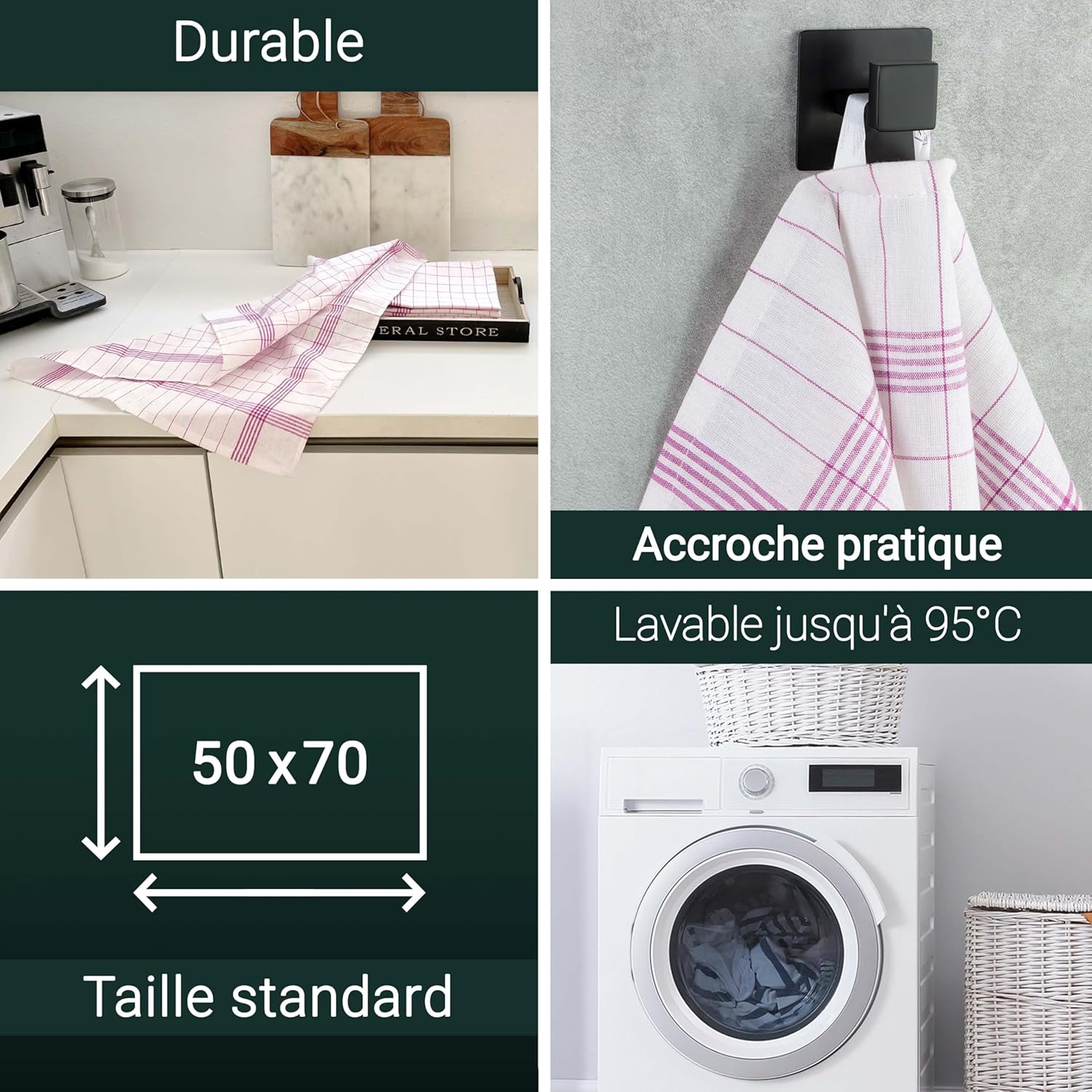 ZOLLNER - set torchons cuisine, coton, 50x70 cm, carreaux rouges