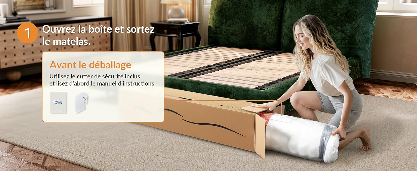 Le texte se lit comme suit : « Ouvrez la boîte et sortez » et « Avant le déroulement ». Séquence d'installation montrant le déballage et la pose d'un matériau laminé sur la surface du sol.