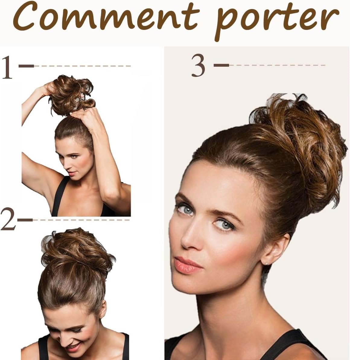 JJstar - chignon postiche bouclé, élastique, cheveux naturels, brun/blond