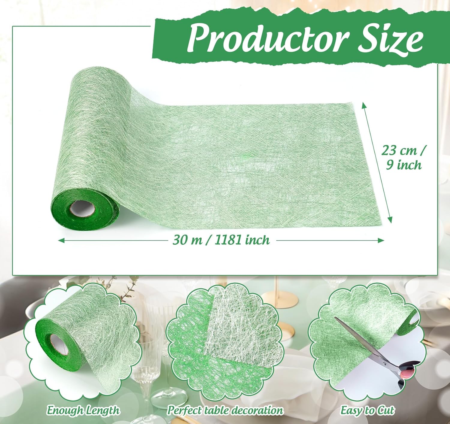 Chemin de table - rouleau non tissé vert 30mx23cm, 150 strass, décorations événements