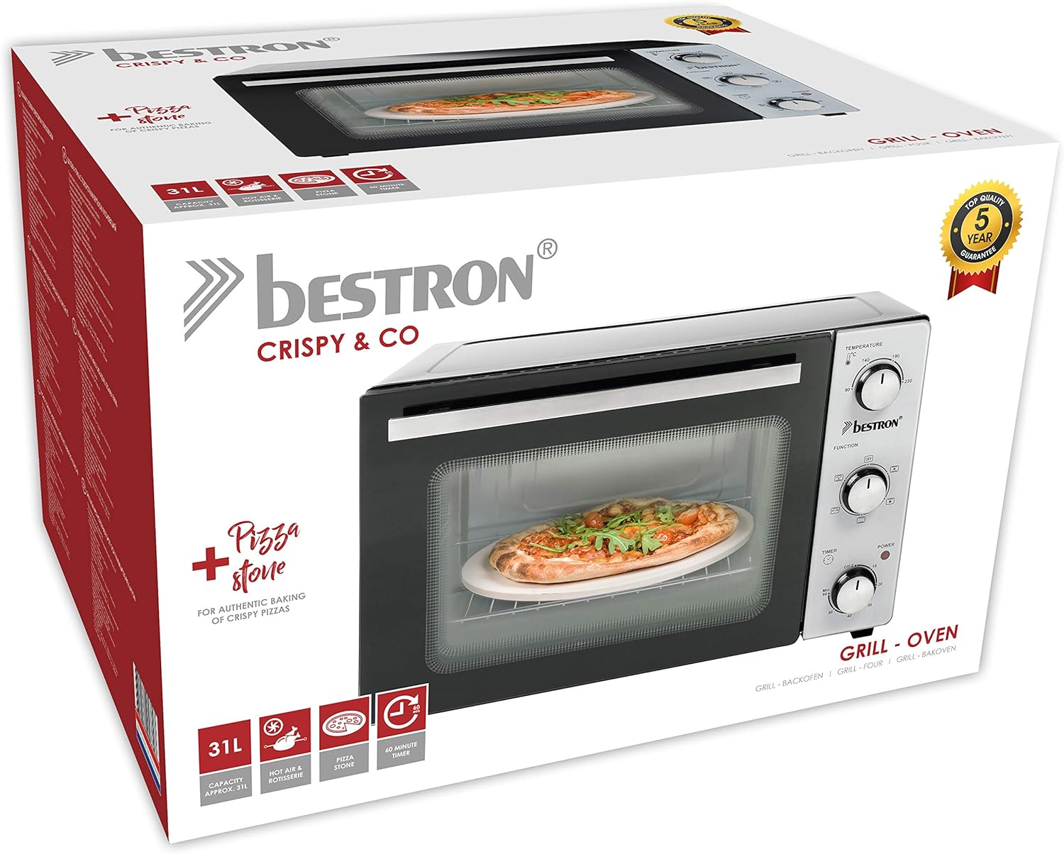 Bestron - four compact, 31L, broche rotative, pierre à pizza, 1500W