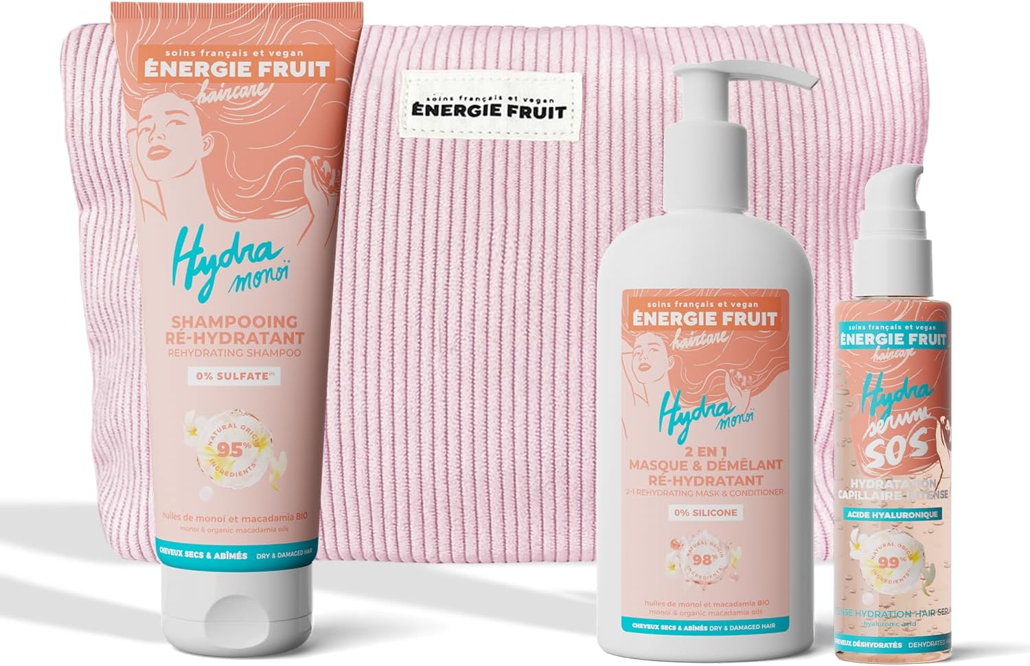 Energie Fruit - Routine capillaire Monoi & acide hyaluronique - trio soin cheveux secs, trousse offerte