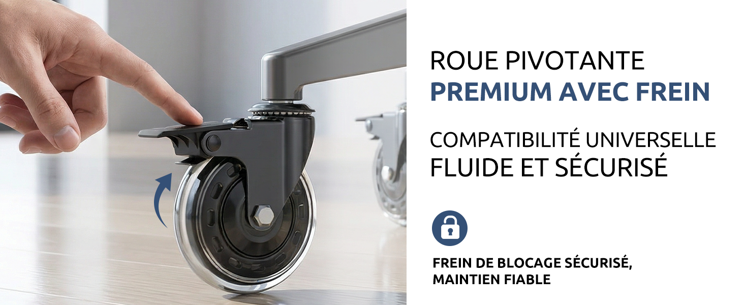 Le texte indique « ROUE PIVOTANTE PREMIUM AVEC FREIN » et « COMPARTIMENT UNIVERSEL FLUIDE ET SECURE ». Schéma technique d'un composant de roue pivotante.