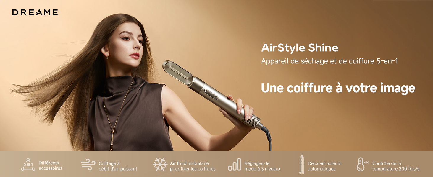 Le texte indique « AirStyle Shine » et « DREAME ». Bannière marketing pour outil de coiffure montrant les caractéristiques du produit et les résultats de coiffage sur fond brun doré.