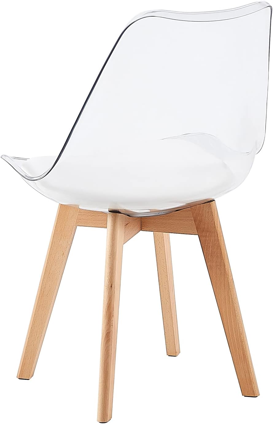 EGGREE - Lot de 4 chaises scandinaves bois hêtre, coussins cuir blanc, dossier transparent, testées SGS