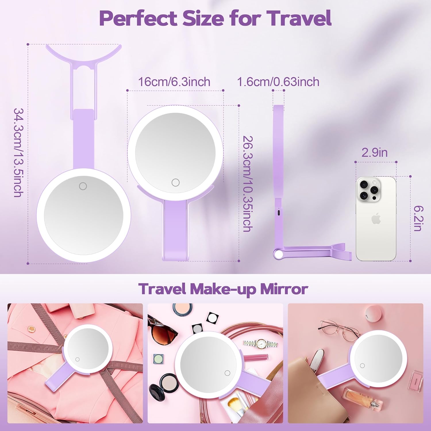 B Beauty Planet - miroir maquillage double face 30x/1x, pliable, éclairage LED, violet