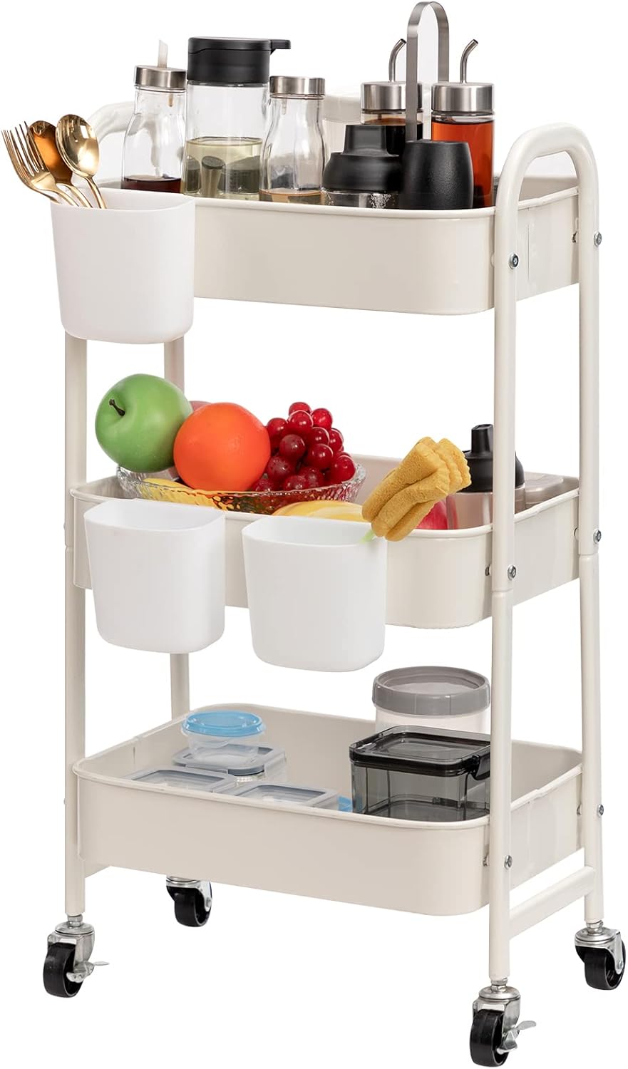 DOEWORKS - Chariot métal 3 niveaux à roulettes, blanc, rangement multiusage