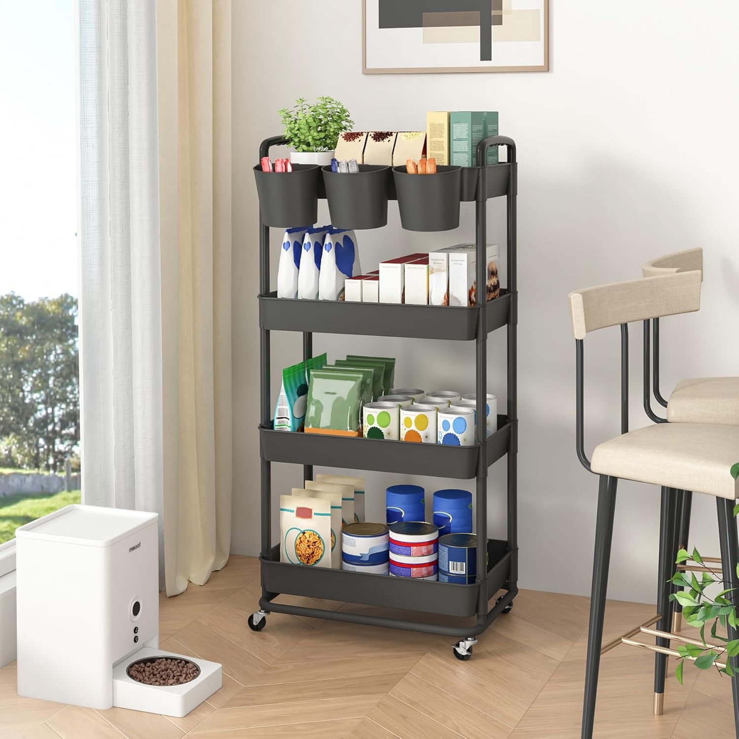 JIUYOTREE - chariot 4 niveaux, roulettes verrouillables, gobelets, poignées, noir