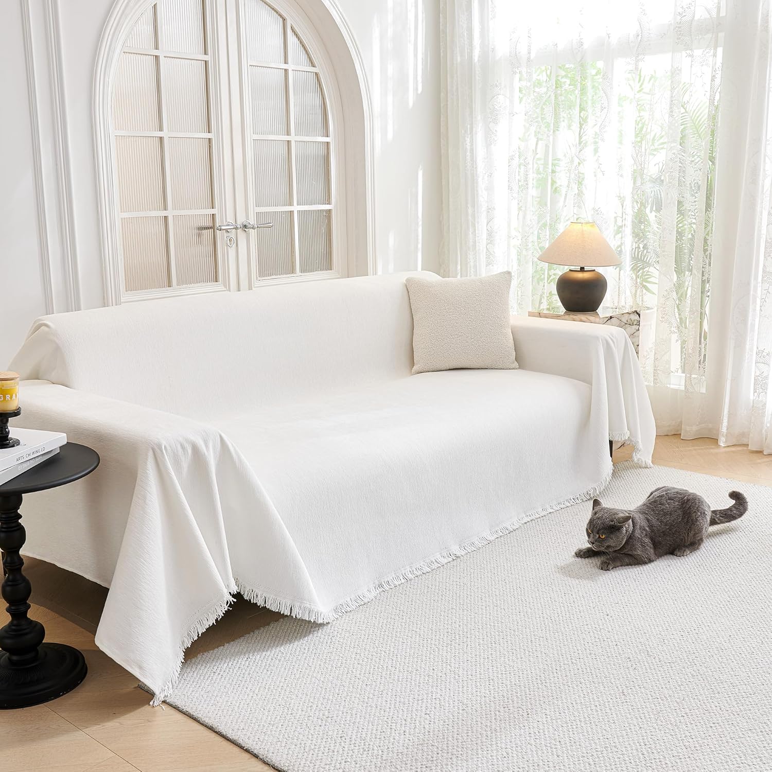 MYSKY HOME - Housse de canapé 3 places - 180x340cm - protection animaux, enfants, blanche