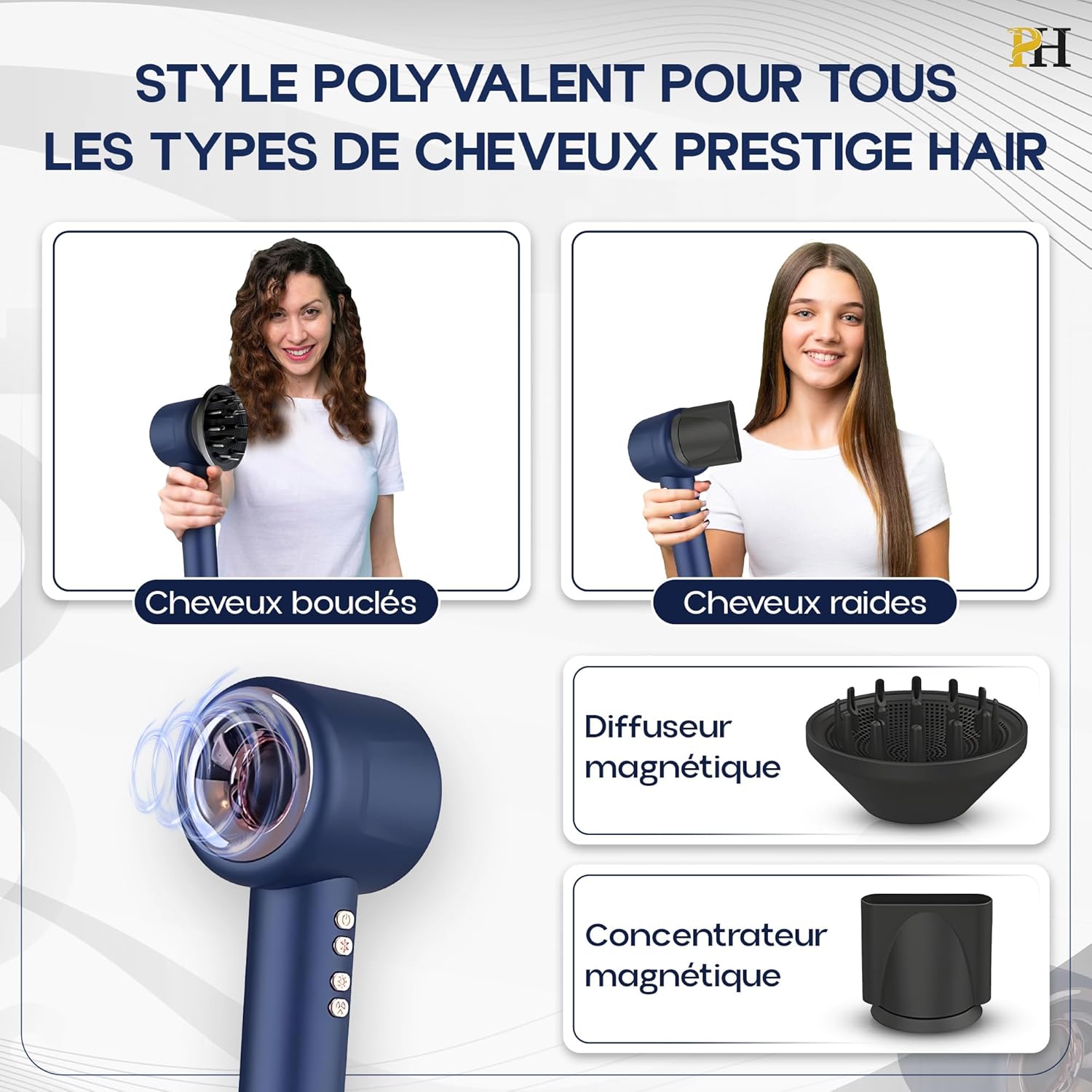 Sèche-cheveux ionique - compact, léger, silencieux, accessoires, air froid