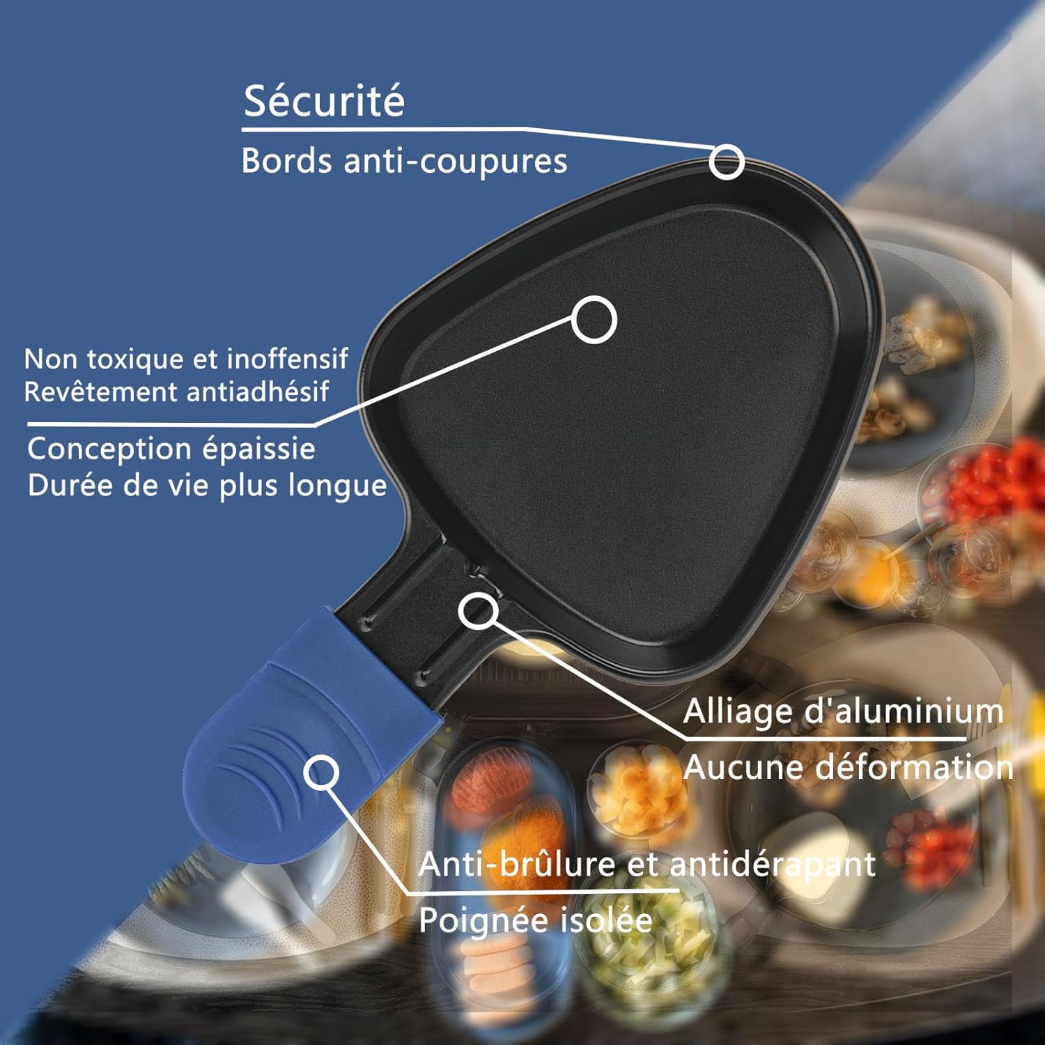 Poêlon à raclette triangulaire, antiadhésif, 18x10cm, 8 mini poêlons et 8 spatules bois