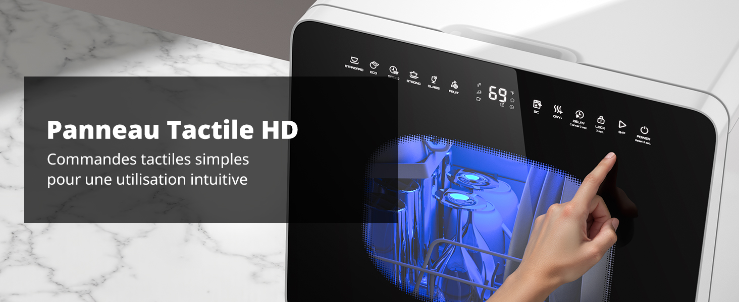 Le texte indique « Panneau Tactile HD ». L'image montre un doigt interagissant avec une tablette noire affichant des graphiques bleus.