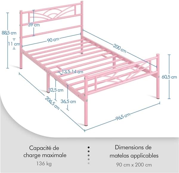 Yaheetech - lit simple métal 90x200 cm, montage facile, rose
