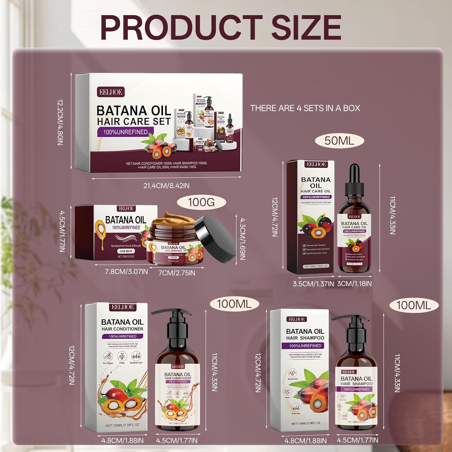 Traitement à l'huile pour cheveux - Coffret 4 pièces - Shampoing, après-shampooing, huile, crème - Soins croissance et h