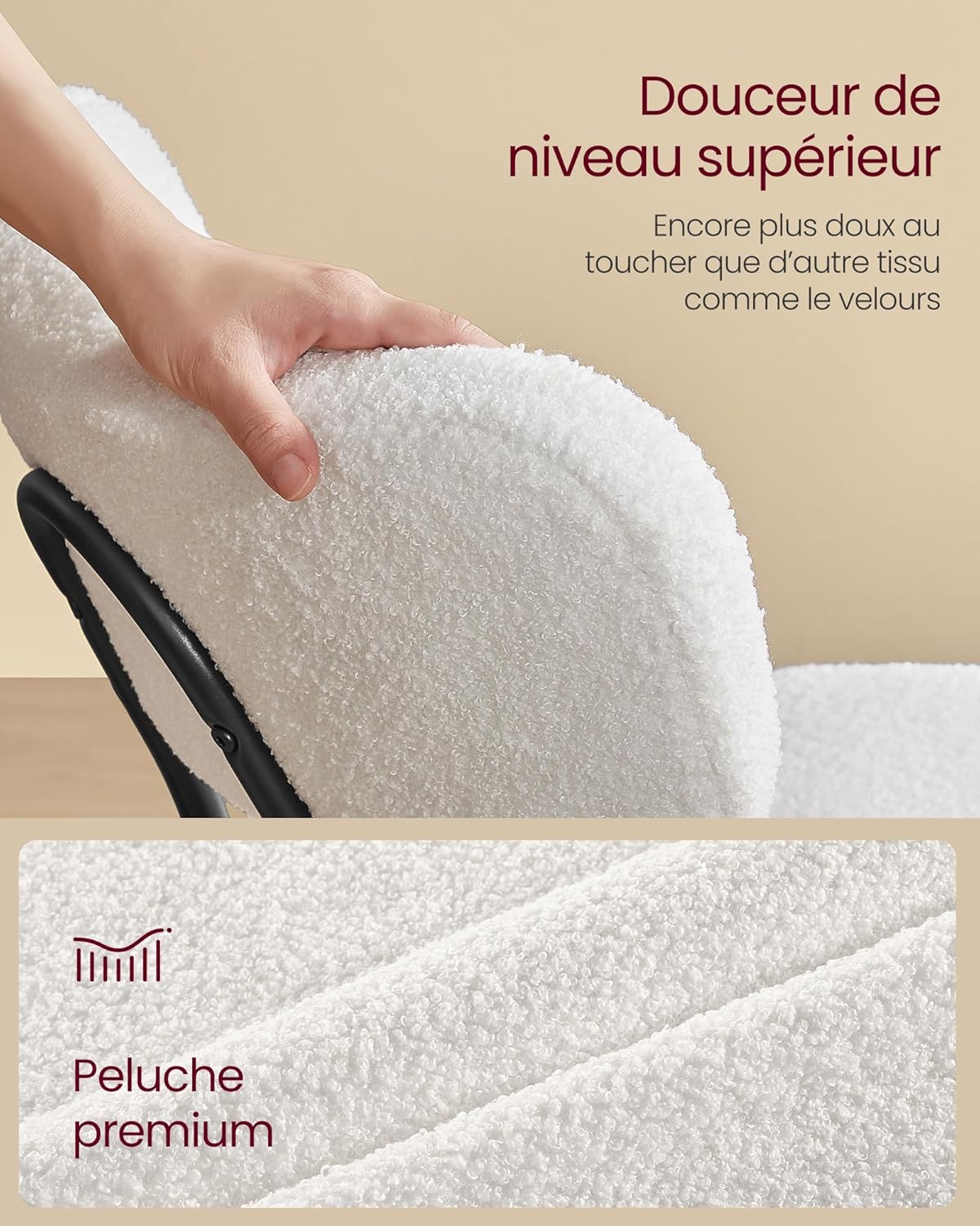 VASAGLE - Lot de 4 chaises modernes - acier, tissu peluche, dossier courbé, salle à manger, blanc crème - KDC110W14