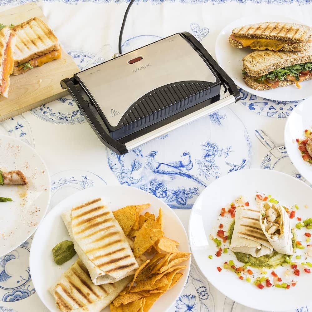Cecotec - Grill électrique Full Open 750W - revêtement pierre, ouverture 180°, poignée froide